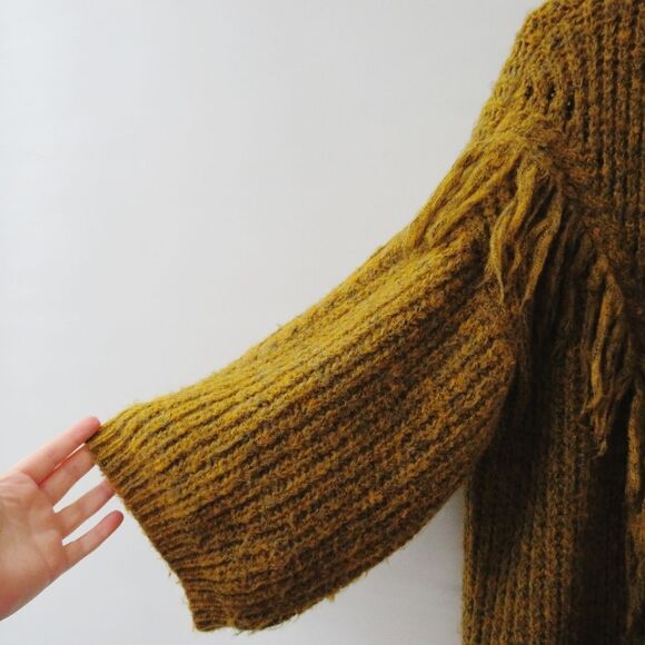 Anthropologie OS Stevie Boho Fringe Marled Knit Mustard Yellow Cardigan Sweater - Picture 10 of 15